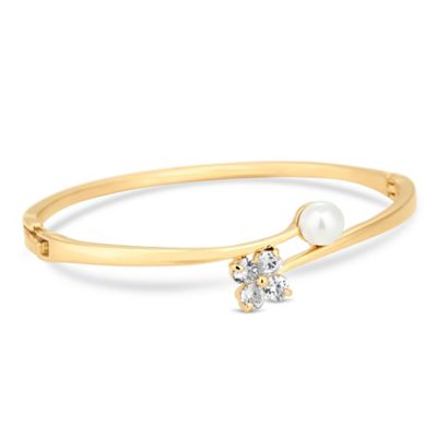 Gold cubic zirconia flower and pearl bangle